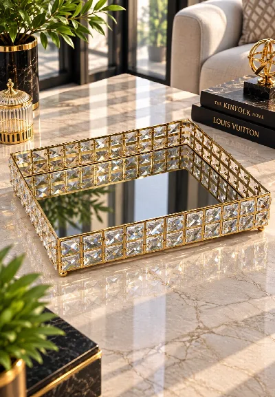 30cm kristal taşlı dörtgen tepsi (altın)