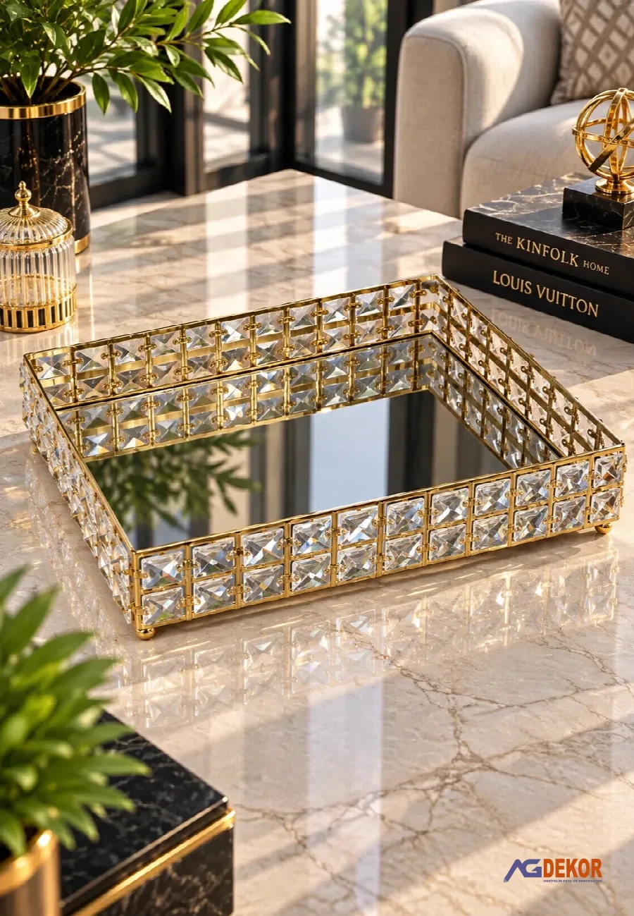 30cm kristal taşlı dörtgen tepsi (altın)