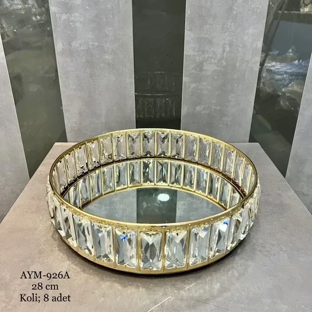 30cm kristal taşlı yuvarlak tepsi (gümüş)