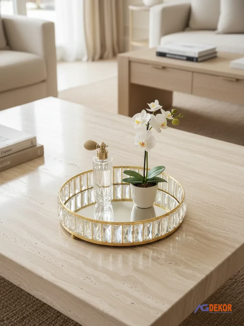 30cm kristal taşlı yuvarlak tepsi (altın)