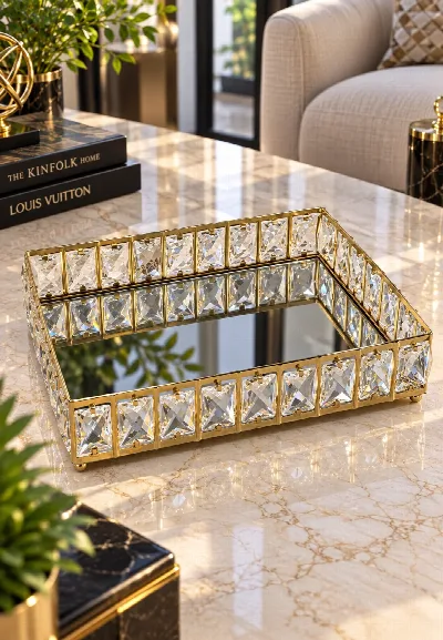 32x25 kristal taşlı dörtgen tepsi (altın)