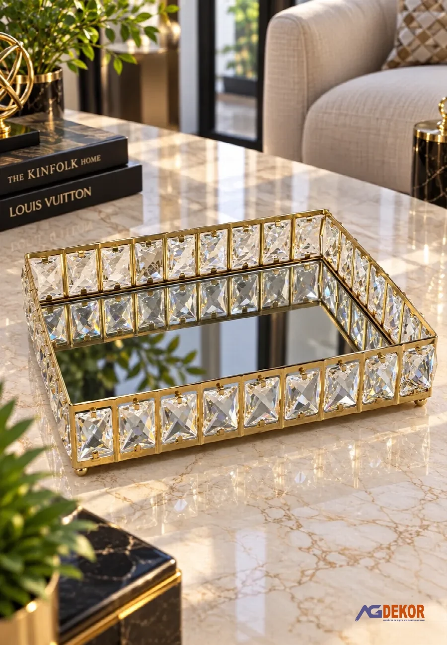 32x25 kristal taşlı dörtgen tepsi (altın)