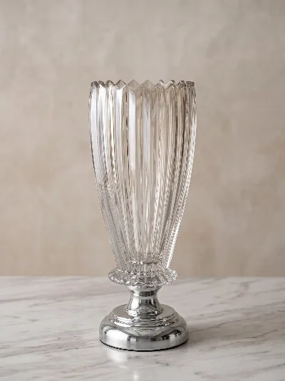 35cm metal ayaklı cam vazo (gümüş)