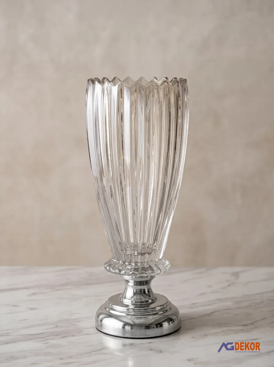 35cm metal ayaklı cam vazo (gümüş)