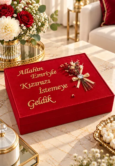 Kırmızı kadife görünümlü kız isteme kutusu, altın yazılı ve kurutulmuş çiçekli fiyonk süslemeli dikdörtgen hediye kutusu