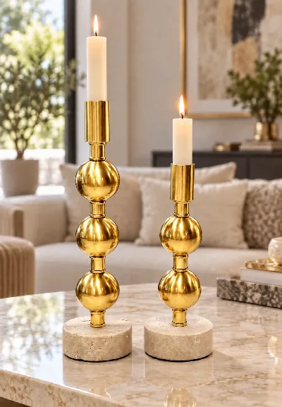 Mermer tabanlı 2'li metal top mumluk (altın)