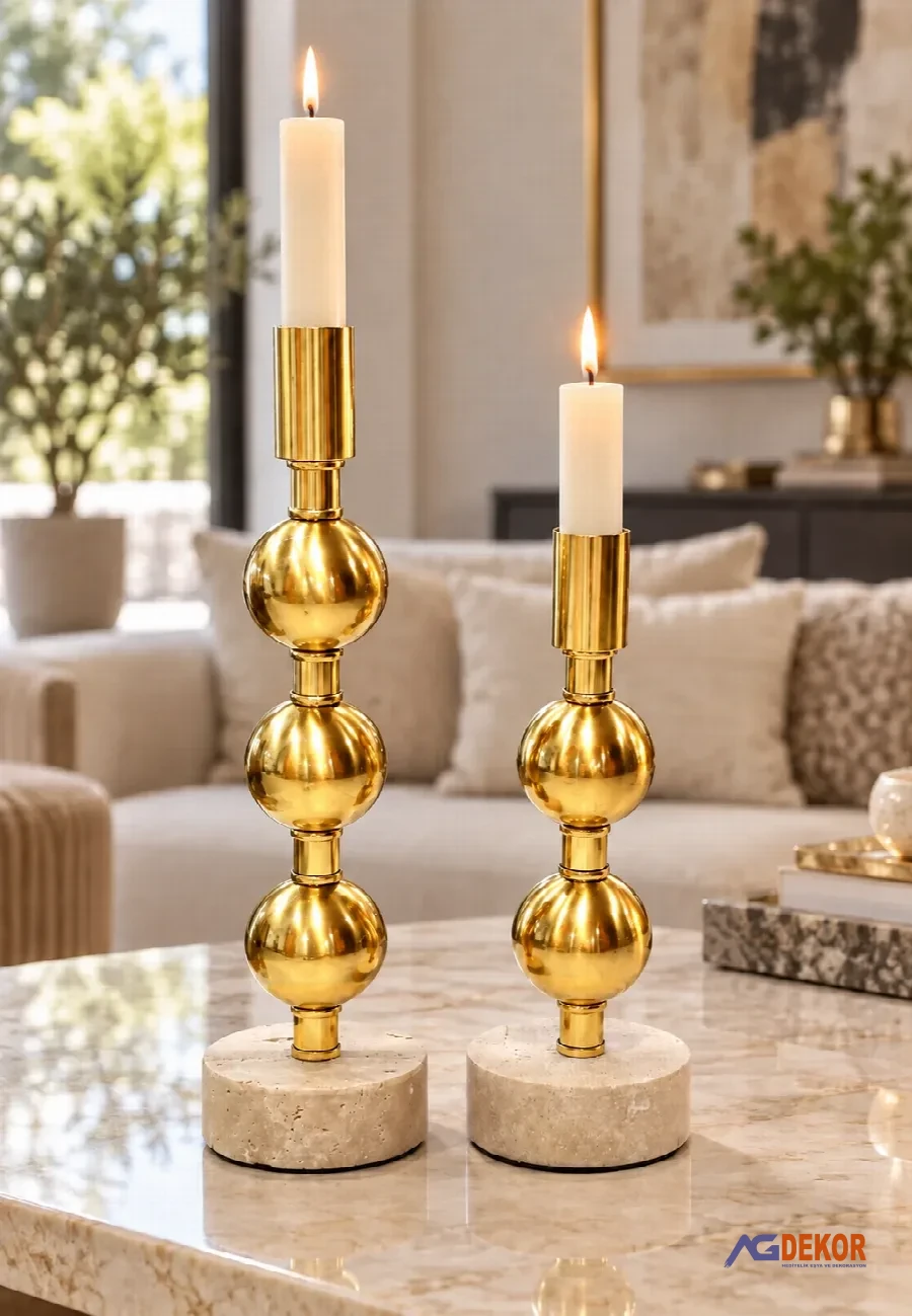 Mermer tabanlı 2'li metal top mumluk (altın)