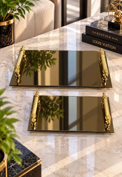 Reflekte 2'li cam dörtgen tepsi (altın)