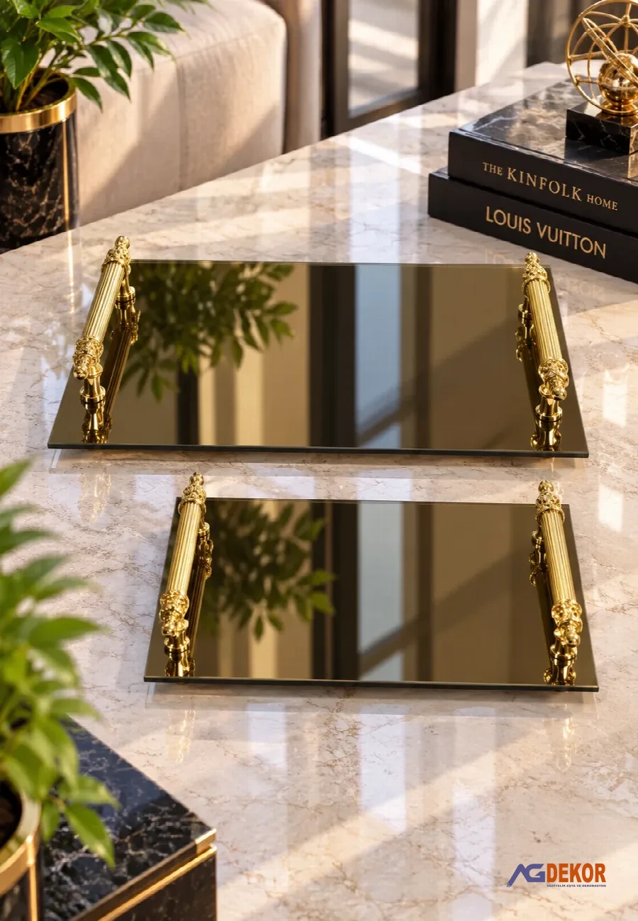Reflekte 2'li cam dörtgen tepsi (altın)