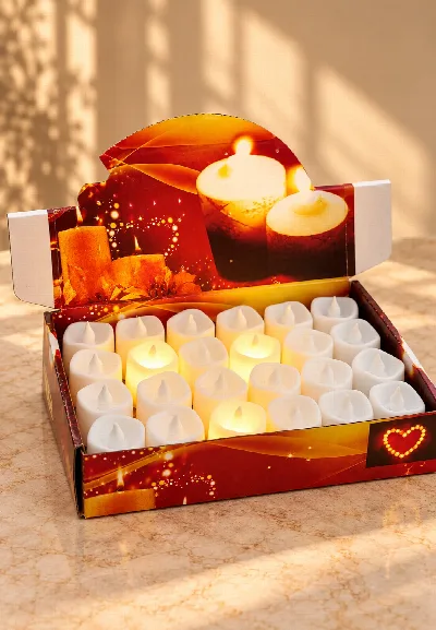 Kutu içinde dizilmiş beyaz LED tealight mumlar, bazıları sıcak sarı ışıkla yanıyor