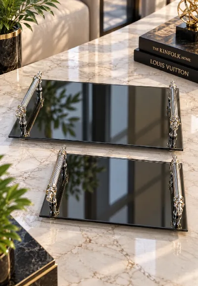 Reflekte 2'li cam dörtgen tepsi (gümüş)