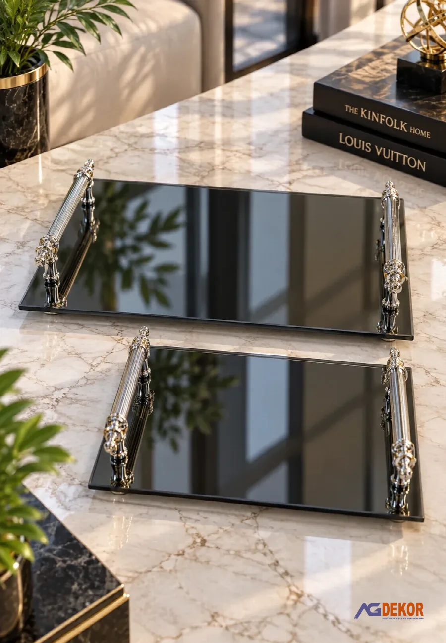 Reflekte 2'li cam dörtgen tepsi (gümüş)