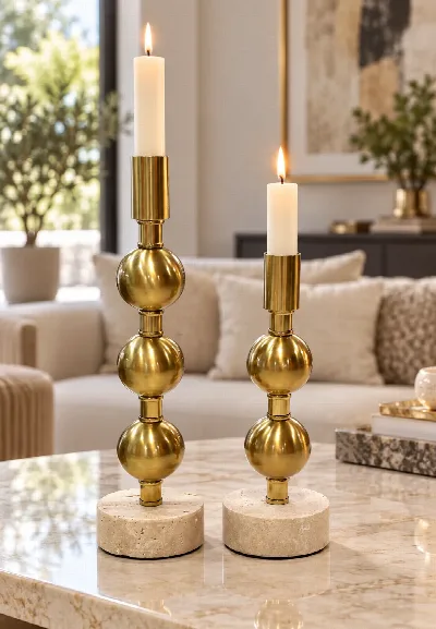 Mermer tabanlı 2'li metal top mumluk (eskitme)