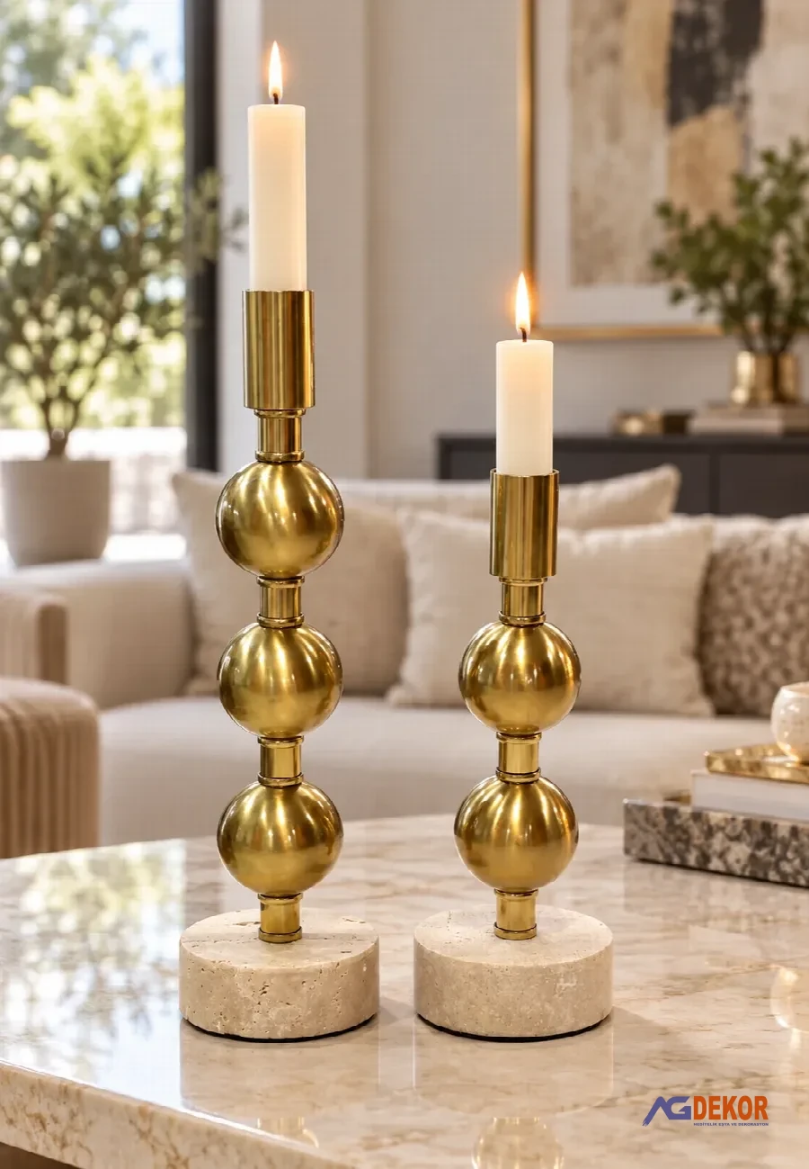 Mermer tabanlı 2'li metal top mumluk (eskitme)