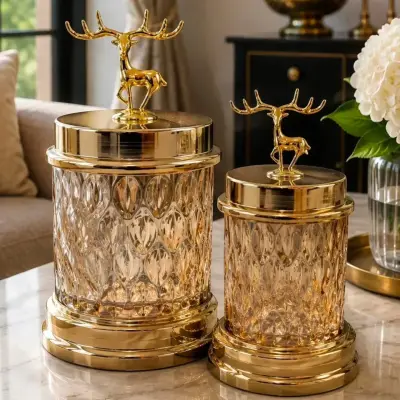 Metal Geyik Kapaklı Gold  2'li Cam Kavanoz✨️🦌
.
.
#agdekor #toptansatış #perak...